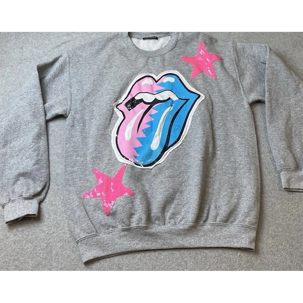 Sojara Women Sequin Distressed Pullover Sweatshirt Top Gray Size Small Oversized